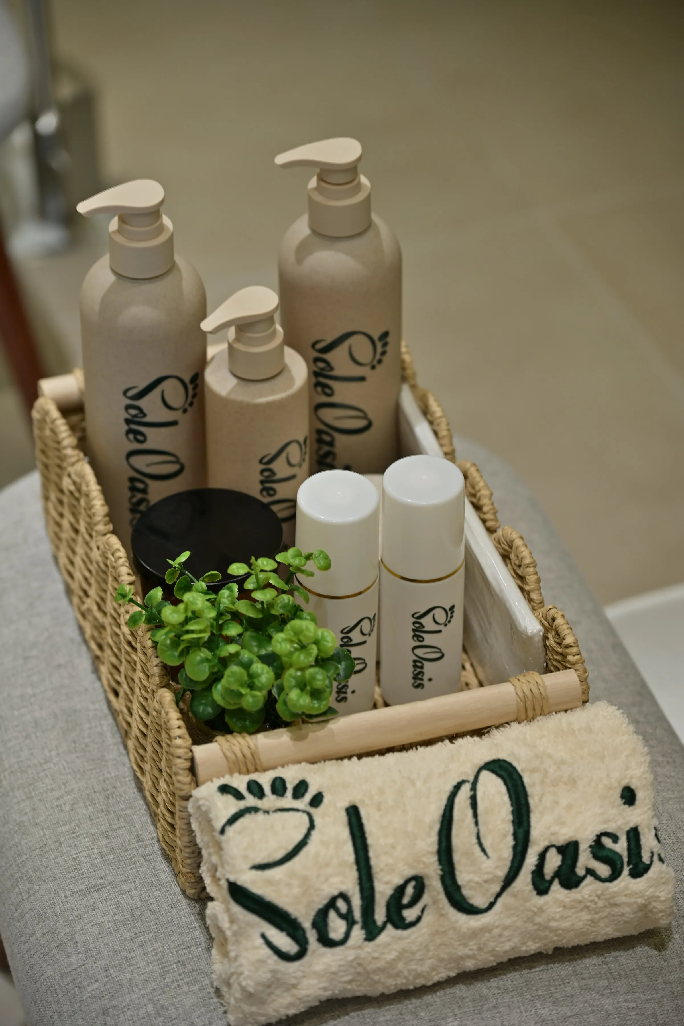 Basket of branded spa products and amenities